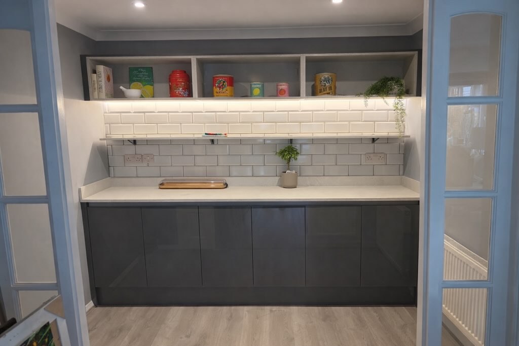 Blue grey kitchen storage and shelves